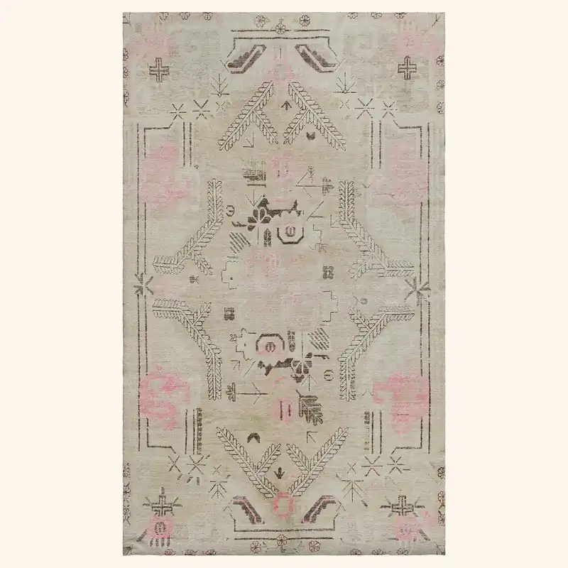 Beige & Pink Vintage Wool Cotton Blend Rug - 5'5" x 8'9"