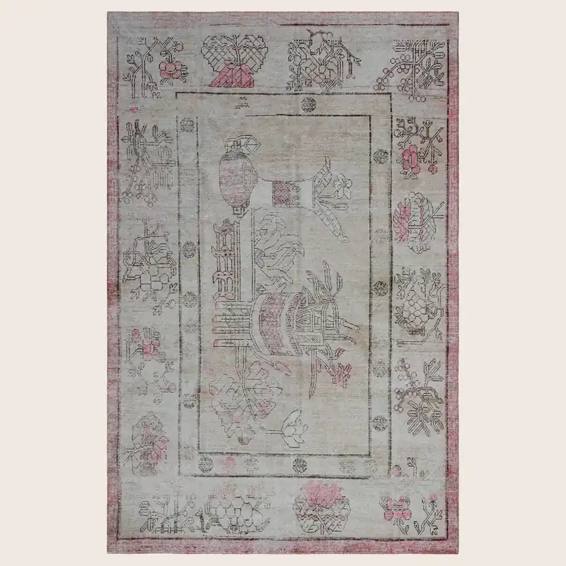Grey & Pink Vintage Wool Cotton Blend Rug - 5'6" x 8'7"
