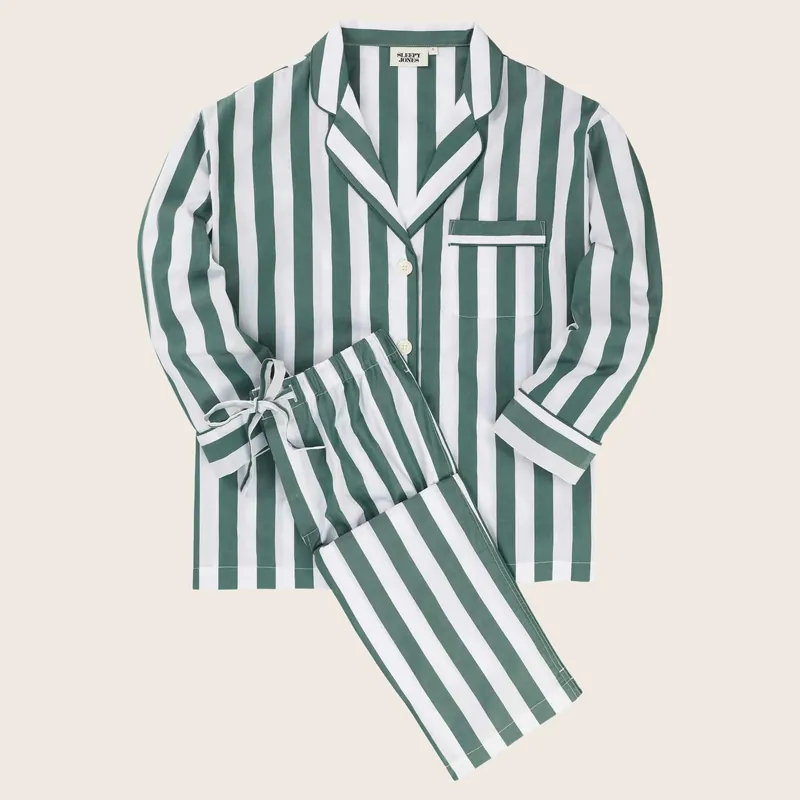 Women's Marina Pajama Set in Green & White Tent Stripe - Sleepy Jones (Consigned)