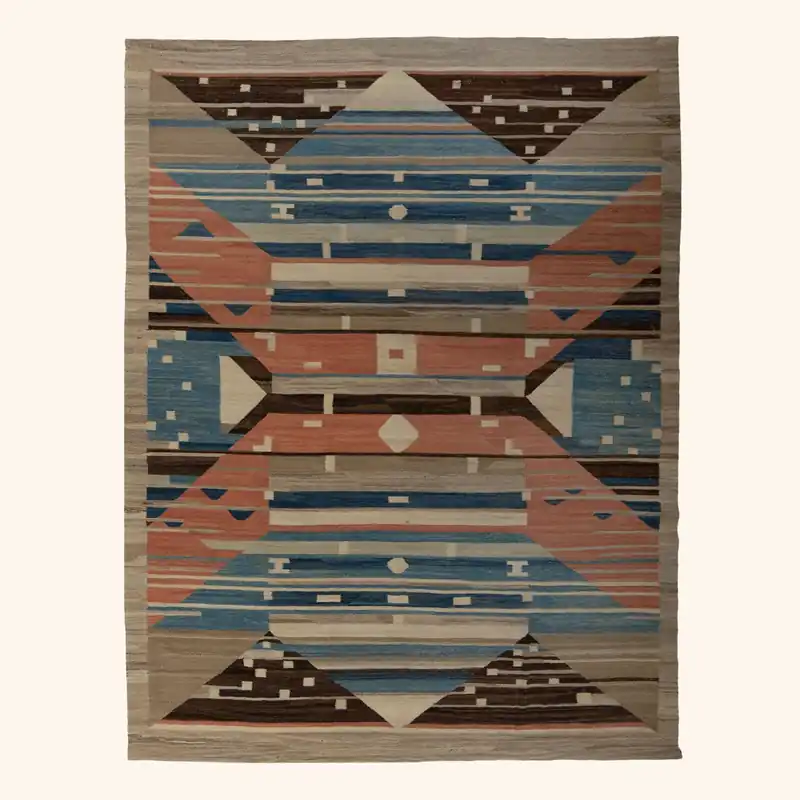Blue and Pink Modern Kilim Wool Rug - 9' x 11'7"