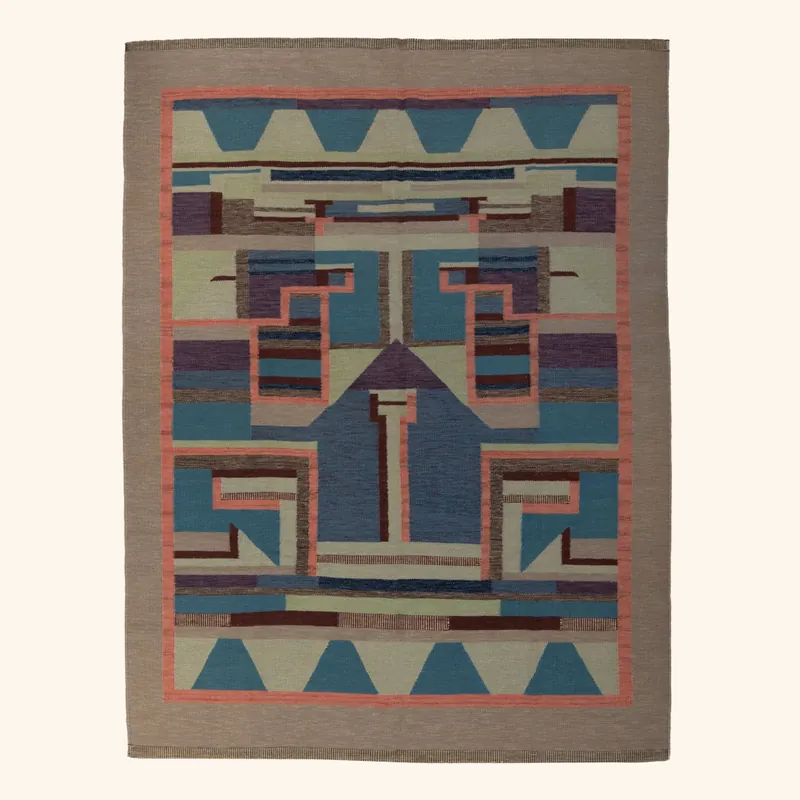 Blue & Pink Swedish Inspired Kilim Wool Rug - 8'3" x 10'6"
