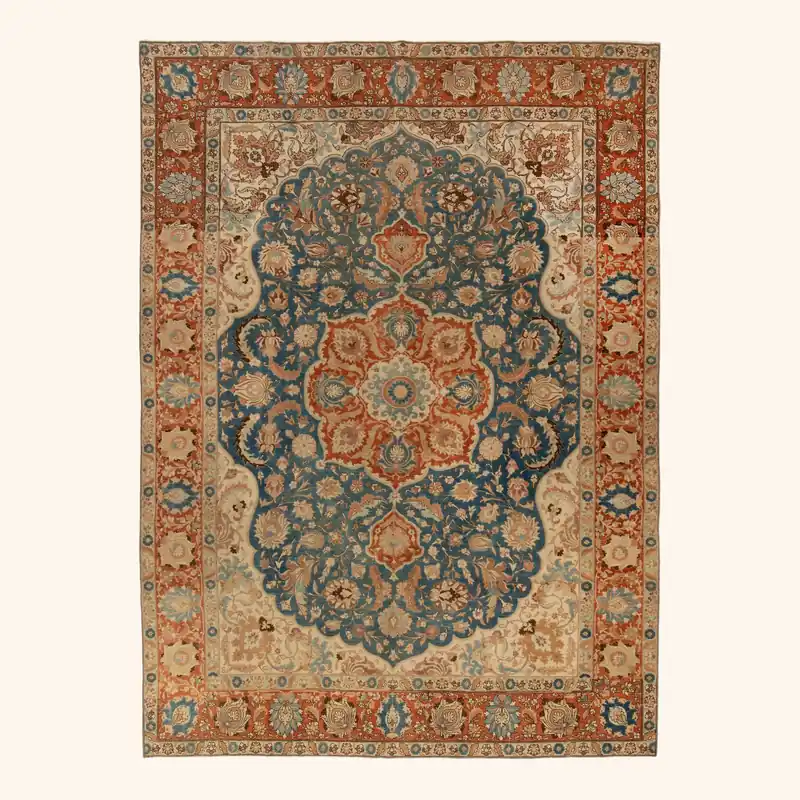Blue & Red Vintage Persian Tabriz Wool Rug - 9'2" x 12'9"