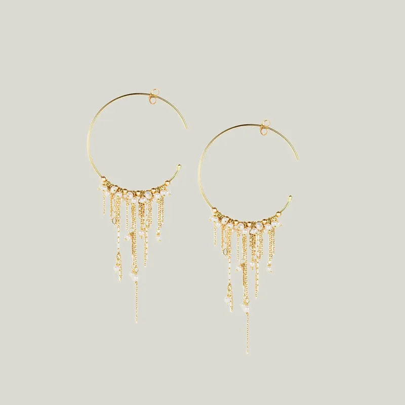 18K Gold Flapper Girl Pearl 3cm Hoops with Layered Chain and Pearls - Sweet Pea (Consigned)