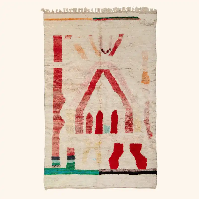 Cream & Red Moroccan Berber Wool Rug - 5'9" x 9'2"
