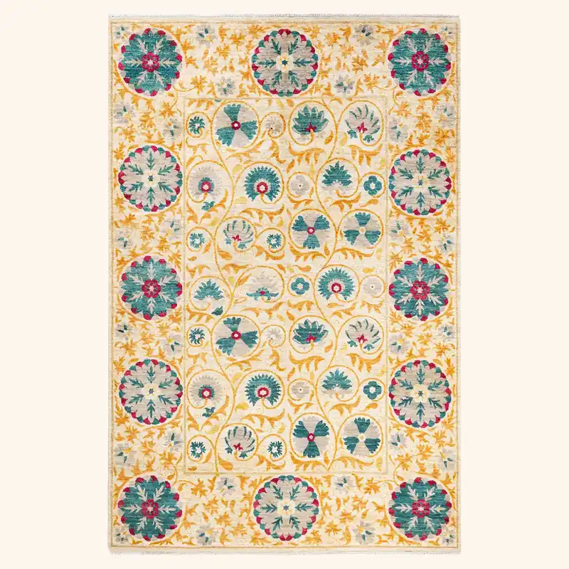 Yellow Traditional Wool Rug - 6' 3" x 9' 2"