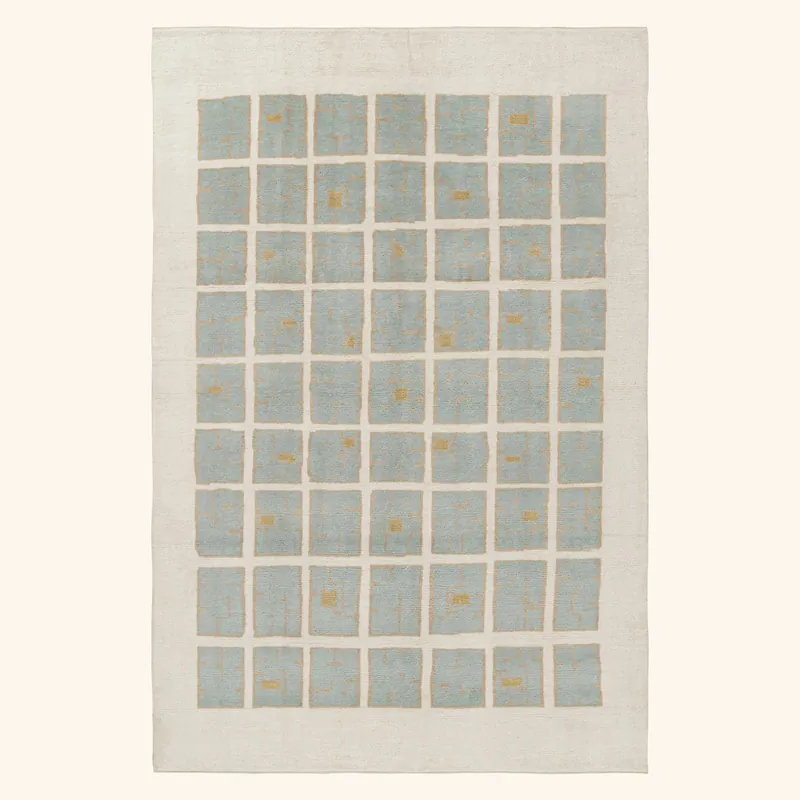 Blue & Cream Contemporary Scandinavian Wool Rug - 6'1" x 8'11"