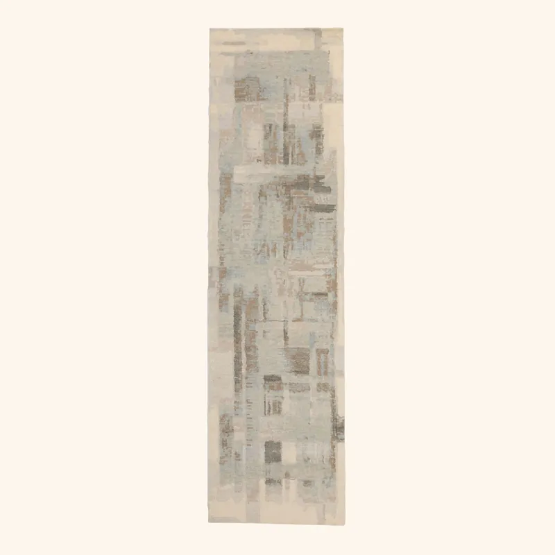 Blue & Cream Contemporary Tibetan Wool Silk Blend Runner - 2'9" x 10'