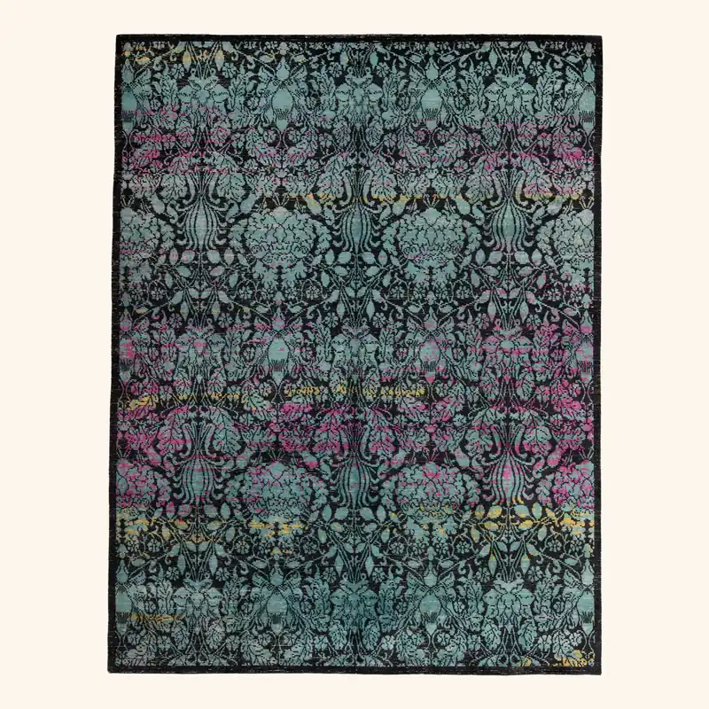 Blue & Pink Contemporary Tibetan Silk Wool Blend Rug - 8' x 10'2"