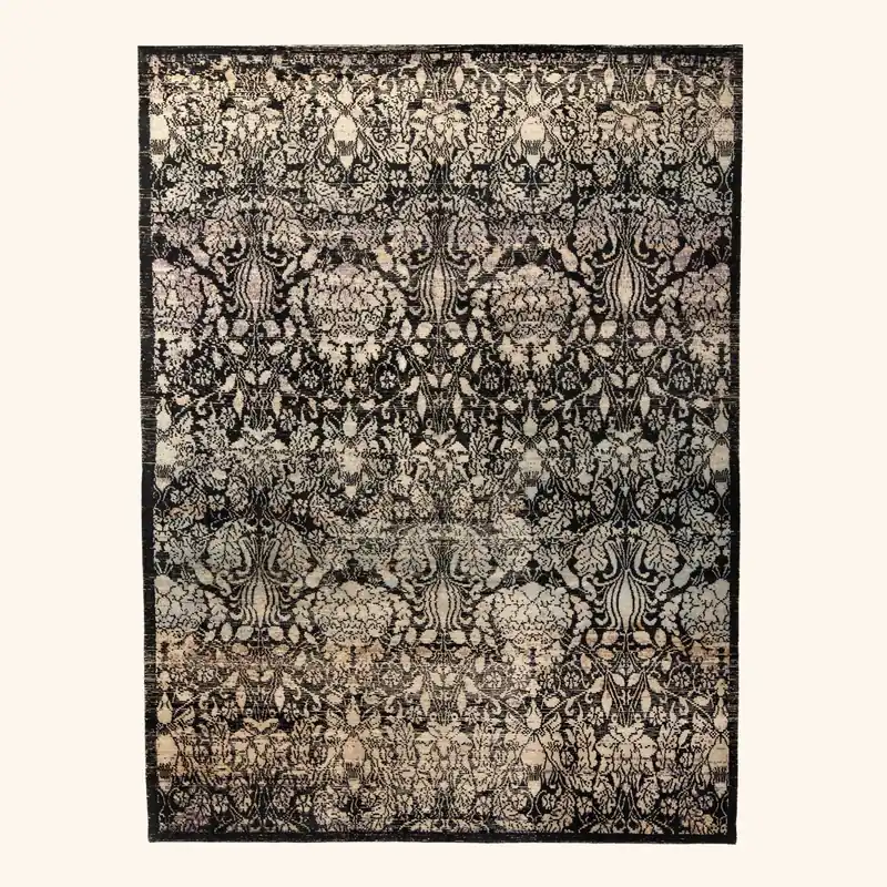 Black & Grey Contemporary Tibetan Silk Wool Blend Rug - 8'1" x 10'3"