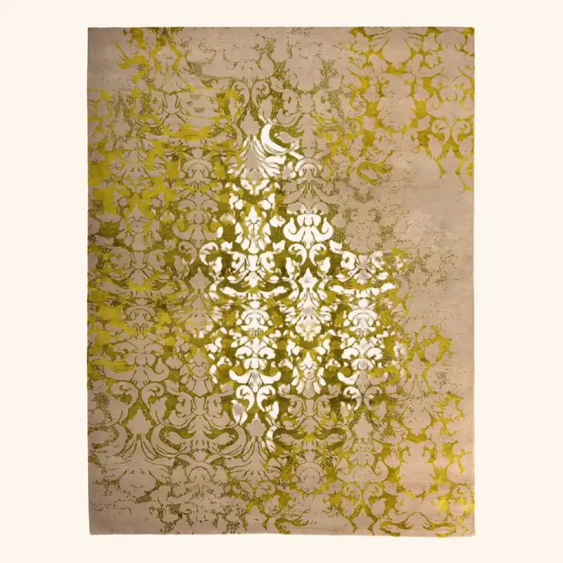 Brown & Green Contemporary Tibetan Silk Wool Blend Rug - 8' x 10'3"