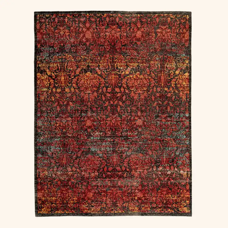 Red & Black Contemporary Tibetan Silk Wool Blend Rug - 8' x 10'1"