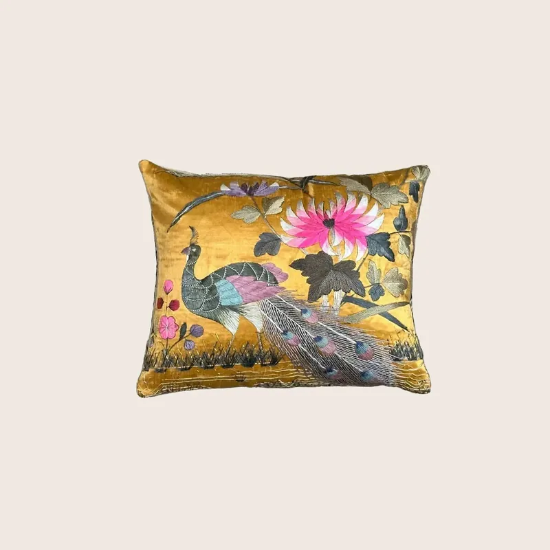 Antique Silk Peacock Qing Dynasty Lumbar Pillow - Threads Soft Goods