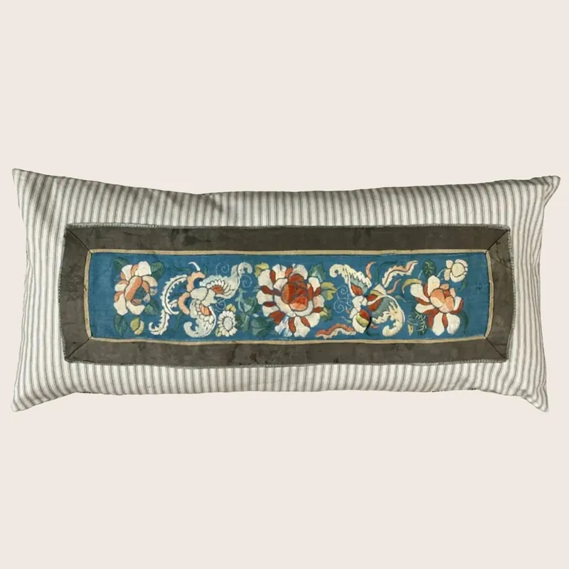 Antique Silk Embroidered Qing Dynasty Lumbar Pillow - Threads Soft Goods