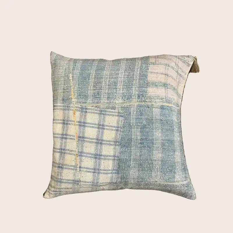 Vintage Indigo Plaid Kantha Pillow - Threads Soft Goods