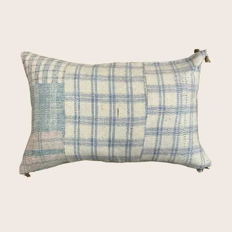 Vintage Indigo Plaid Kantha Lumbar Pillow - Threads Soft Goods