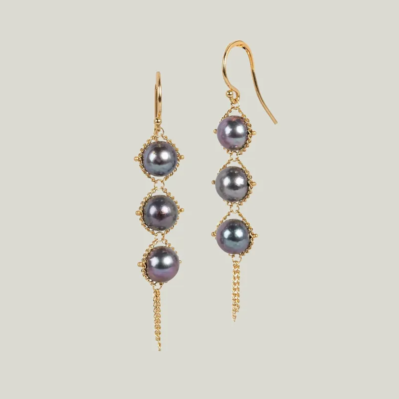 Woven Grey Akoya Pearl Triple Drop Earrings - Amali (Consigned)