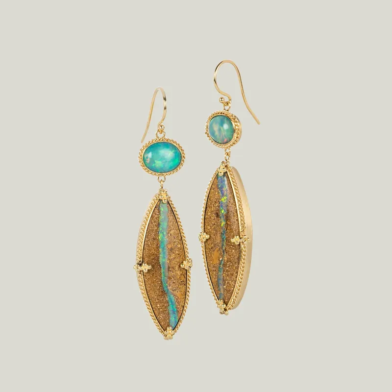 Opalized wood and Ethiopain Opal Earrings - Amali (Consigned)