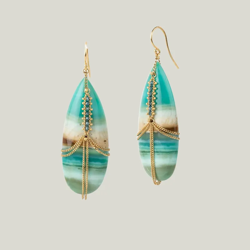 One-of-a-Kind Petrified Wood Blue Opal Diamond Draped Earrings