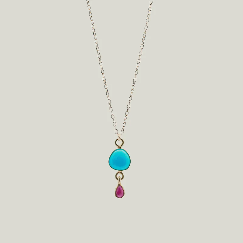 Sleeping Beauty Turquoise + Ruby 18kt + 14 Kt Chain Kingfisher Necklace MS 426 - Nightingale Design, Inc. (Consigned)