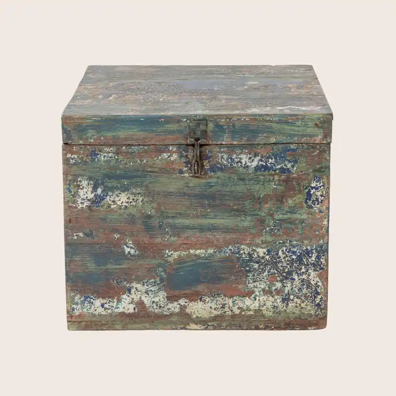 Vintage Blue Painted Square Trunk - Golden Oldies