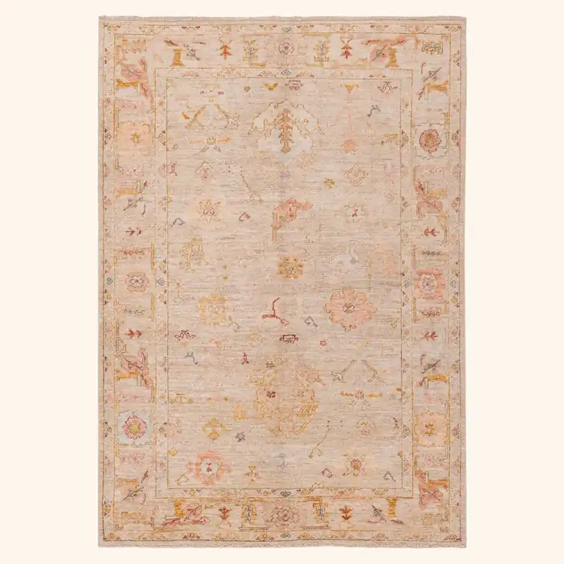 Beige Traditional Oushak Wool Rug - 6' x 8'7"