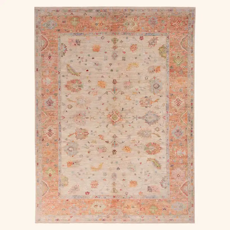 Orange Traditional Oushak Wool Rug - 9'3" x 11'7"