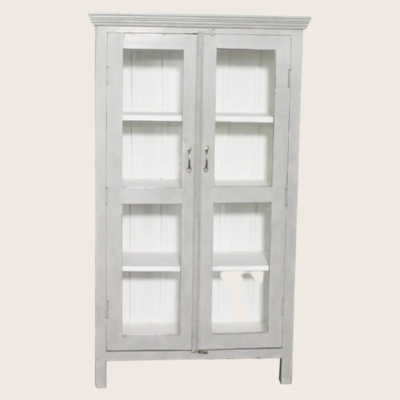 Vintage Grey-Painted Glass Front Cabinet