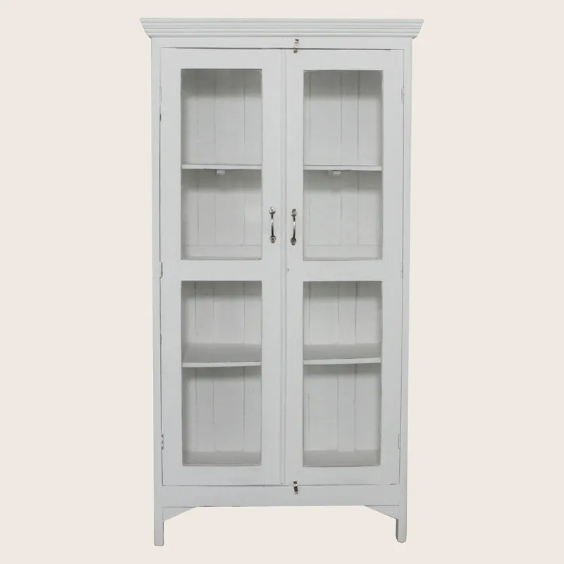 Vintage White-Painted Glass Front Cabinet