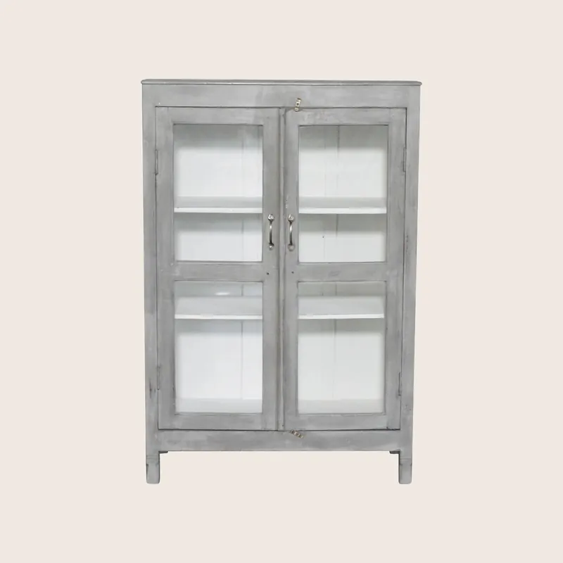 Vintage Grey-Painted Glass Front Cabinet