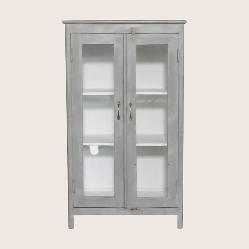 Vintage Grey-Painted Glass Front Cabinet