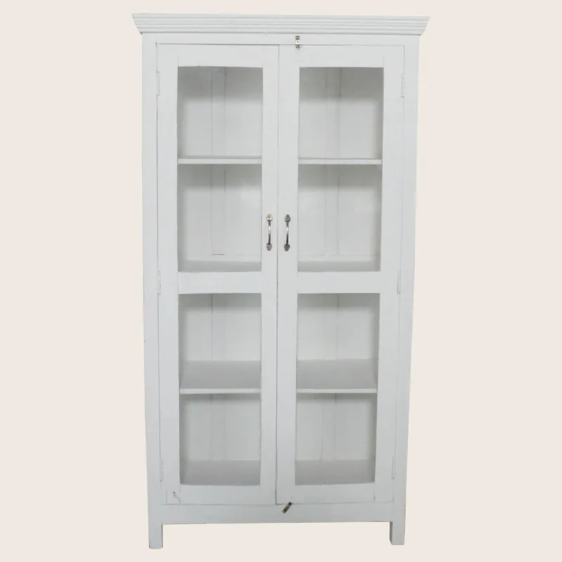 Vintage White-Painted Glass Front Cabinet