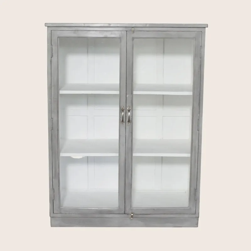 Vintage Grey-Painted Glass Front Cabinet