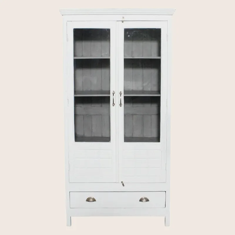 Vintage White-Painted Glass Front Cabinet