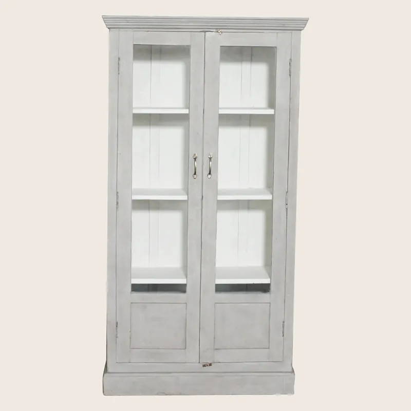 Vintage Grey-Painted Glass Front Cabinet