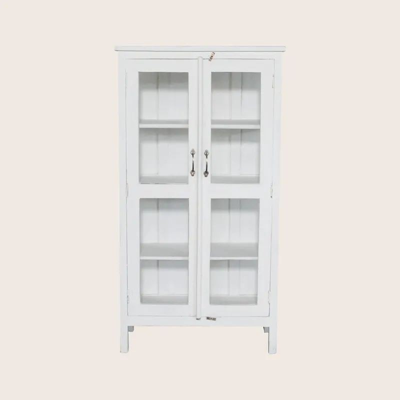 Vintage White-Painted Glass Front Cabinet