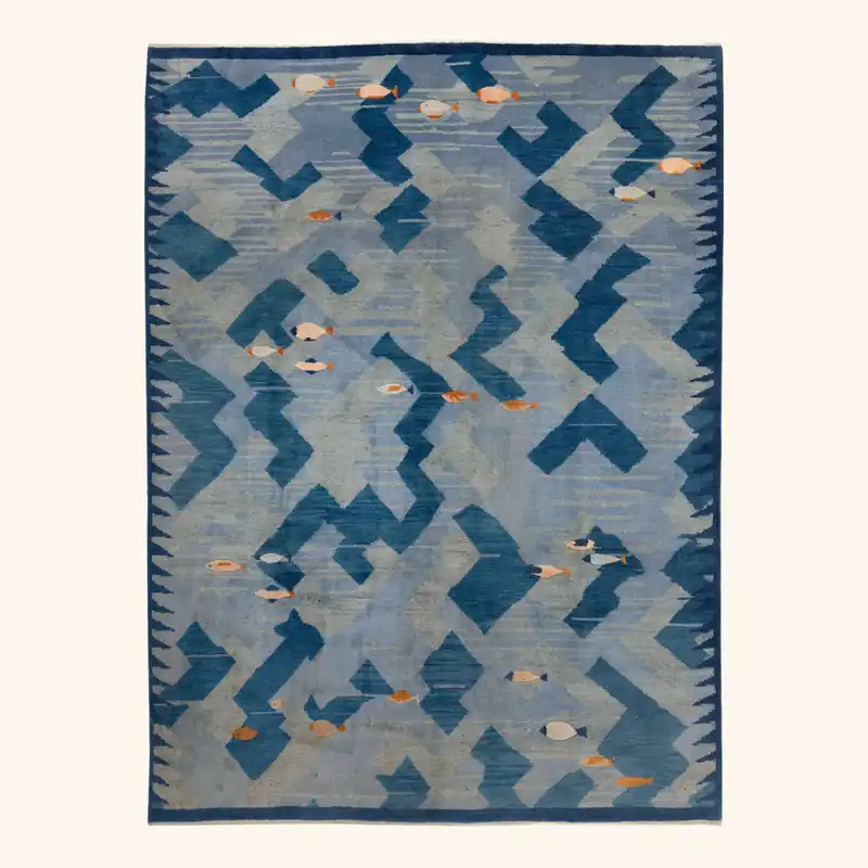 Blue Contemporary Swedish-Inspired Wool Rug - 8'2" x 9'11"