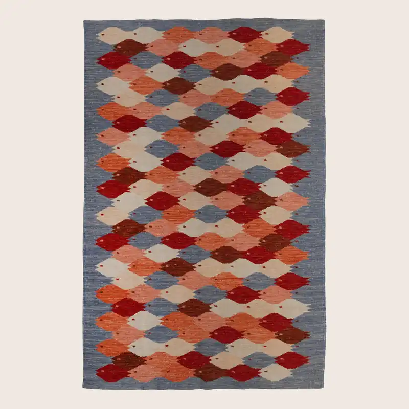 Red Blue Swedish Inspired Kilim Wool Rug - 6'2" x 9'6"