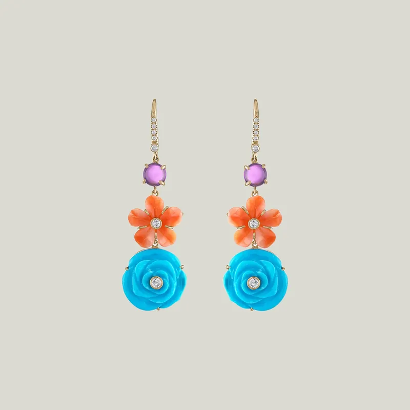 Turquoise, Coral, Amethyst Diamond Flower Drop Earring - Eden Presley (Consigned)