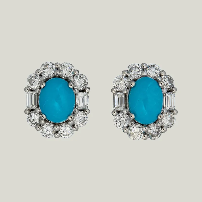 Platinum Diamond and Vintage Natural Turquoise Studs - Odeon Collection (Leased)
