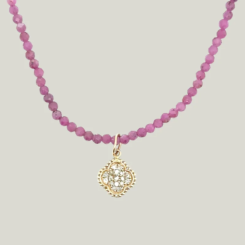 Ruby + Gold Diamond Pave Clover Beaded Dove Necklace - Nightingale Design, Inc. (Consigned)