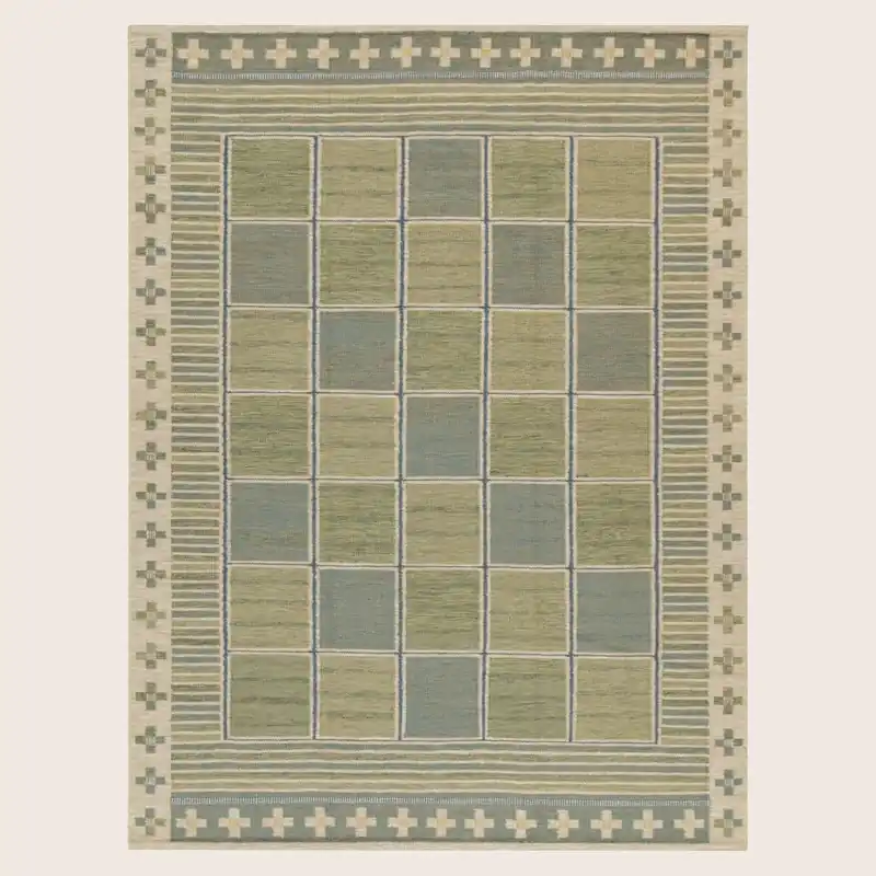 Green Flatweave Swedish Inspired Wool Rug - 6' x 9'