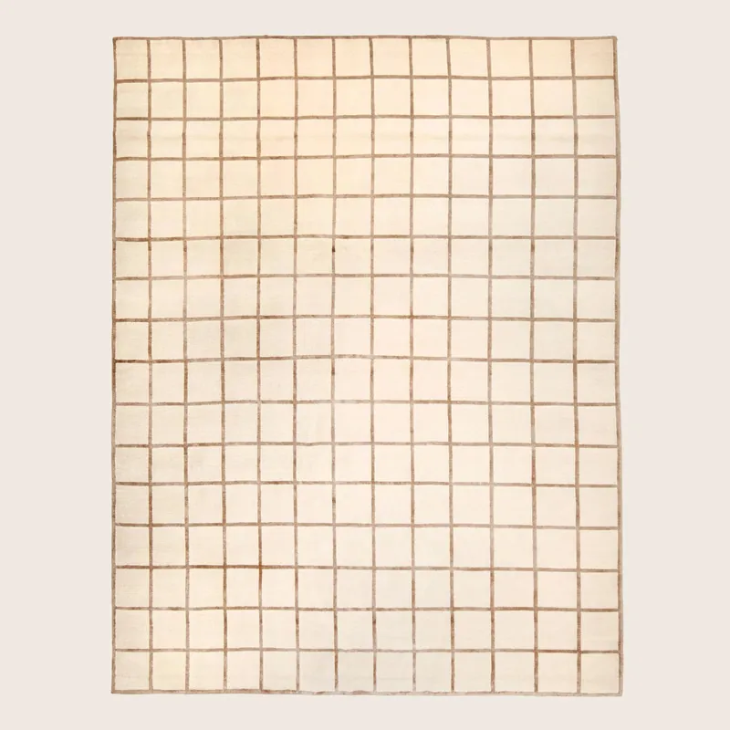 White & Brown Checkered Tibetan Linen Alpaca Blend Rug - 8' x 10'