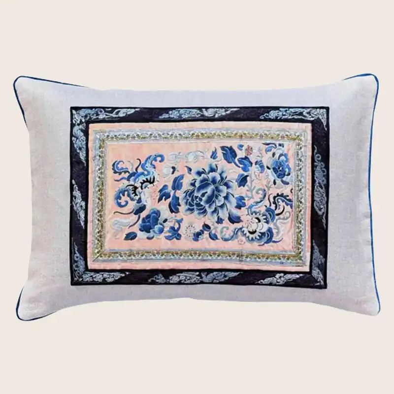 Vintage Silk Embroidery Lumbar Pillow, Blue Peony - Threads Soft Goods