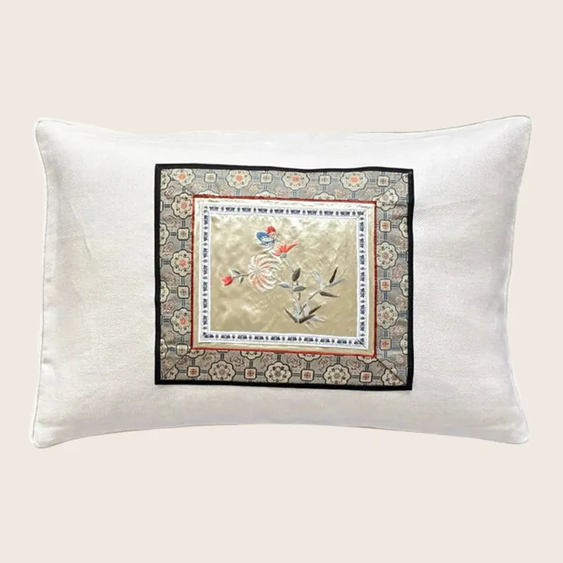 Vintage Silk Embroidery Lumbar Pillow, Chrysanthemum - Threads Soft Goods