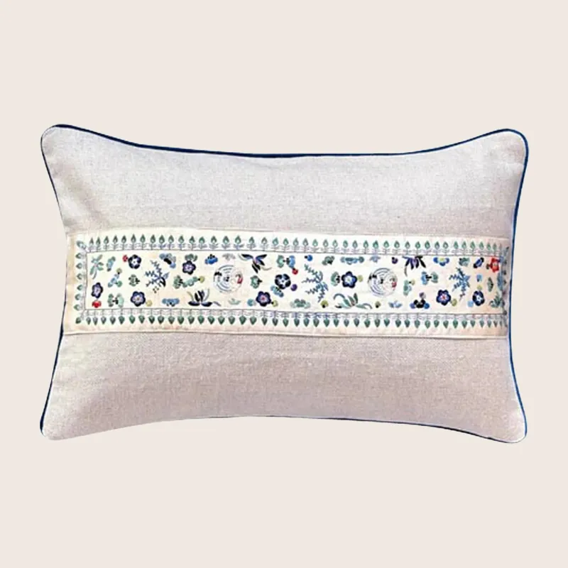 Vintage Silk Embroidery Lumbar Pillow, Floral Scroll - Threads Soft Goods