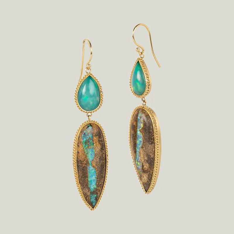 One of a Kind Opalized Wood and Ethiopian Opal Earrings - Amali (Consigned)
