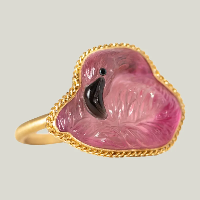 One of a Kind Tourmaline and Black Diamond Flamingo Ring - Amali (Consigned)