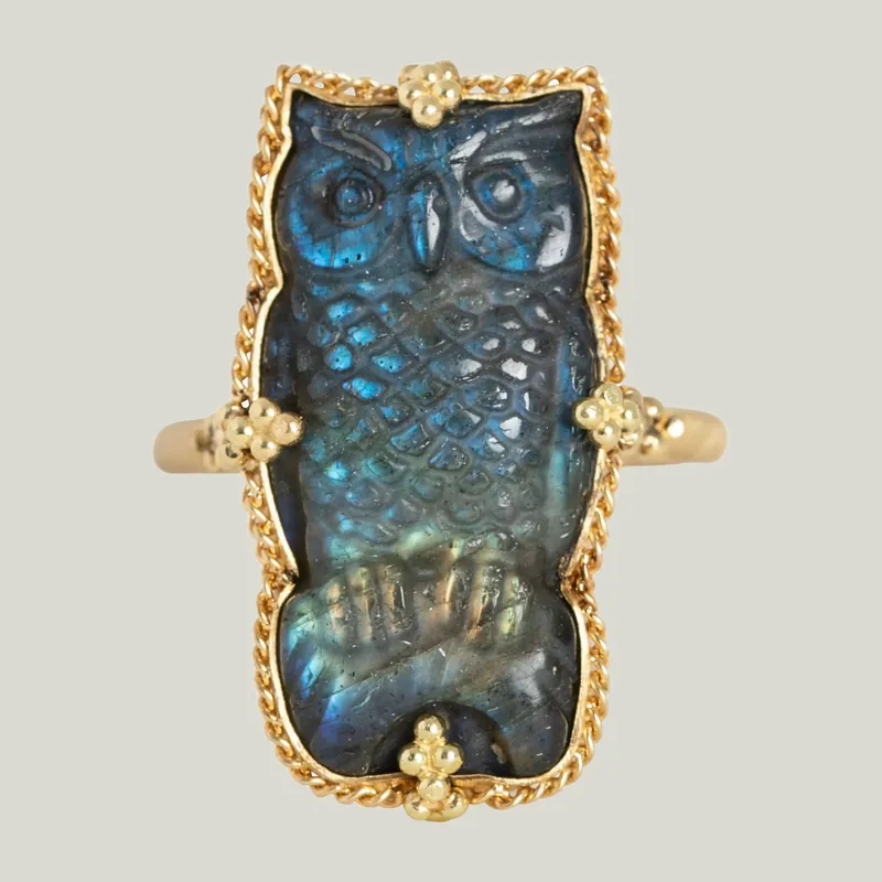 One of a Kind Carved Labradorite Owl Ring - Amali (Consigned)