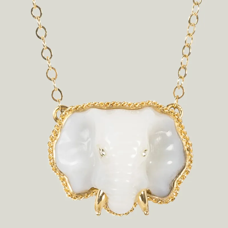 One of a Kind White Opal and Diamond Elephant Necklace - Amali (Consigned)
