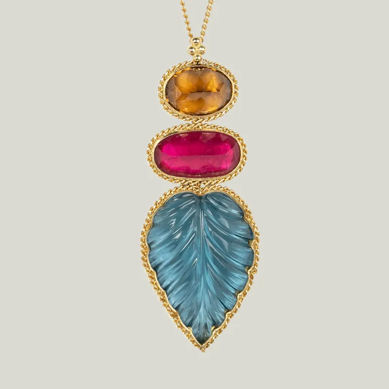 One of a Kind London Blue Topaz, Brown Zircon and Tourmaline Leaf Necklace - Amali (Consigned)